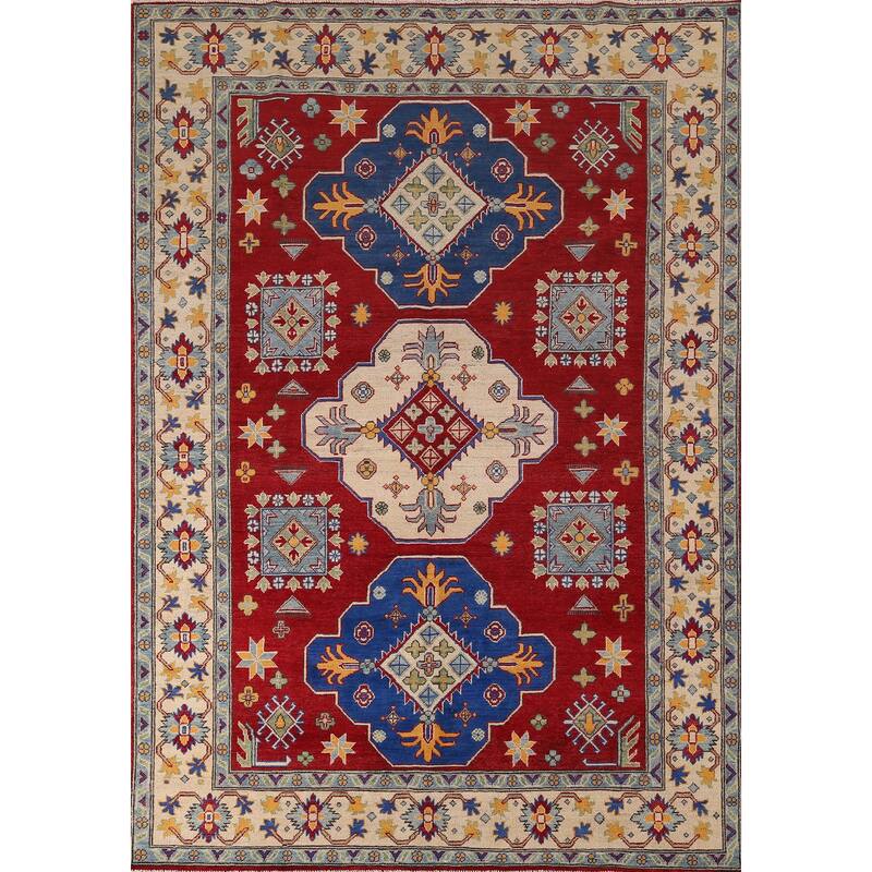 Hand Knotted Oriental 100% Wool Carpet Traditional Geometric Red Kazak Area Rug - 8' 7'' X 6' 2''