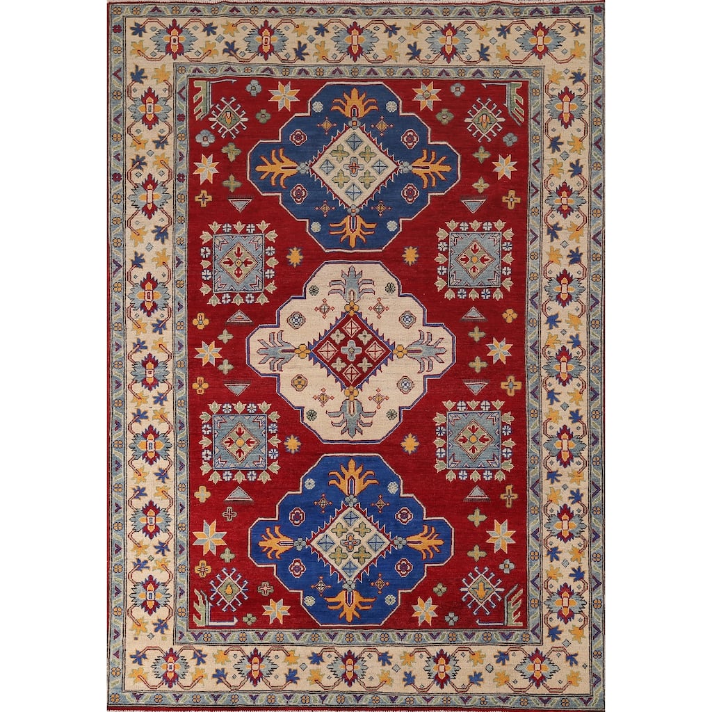 Hand Knotted Oriental 100% Wool Carpet Traditional Geometric Red Kazak Area Rug - 8' 7'' X 6' 2''