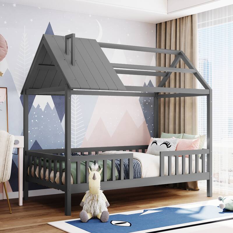 Platform Bed for Kids, Wooden House Shaped Bedframe with Fence & Roof