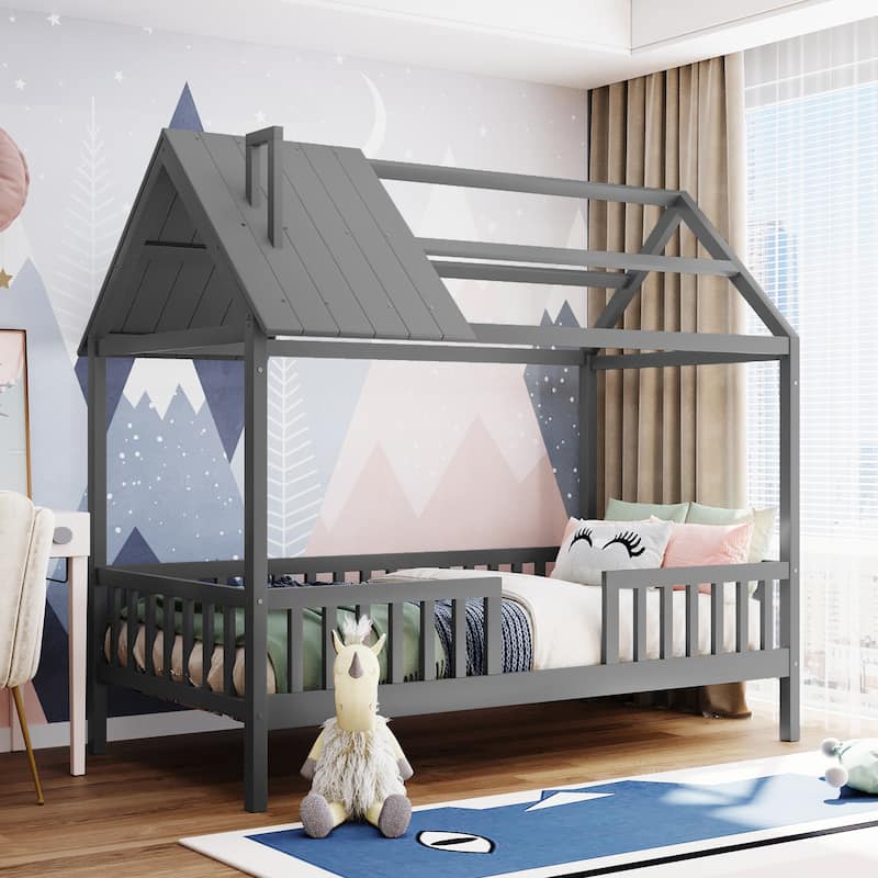 Twin Size House Bed with Fence, Semi-enclosed Play Platform Bed with Roof and Chimney Decoration, for Kids Bedroom