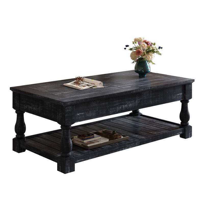 Roomfitters Farmhouse Lift Top Coffee Table, Wood Center Table with 3 Storage Trays and Lower Shelf, Antique Black