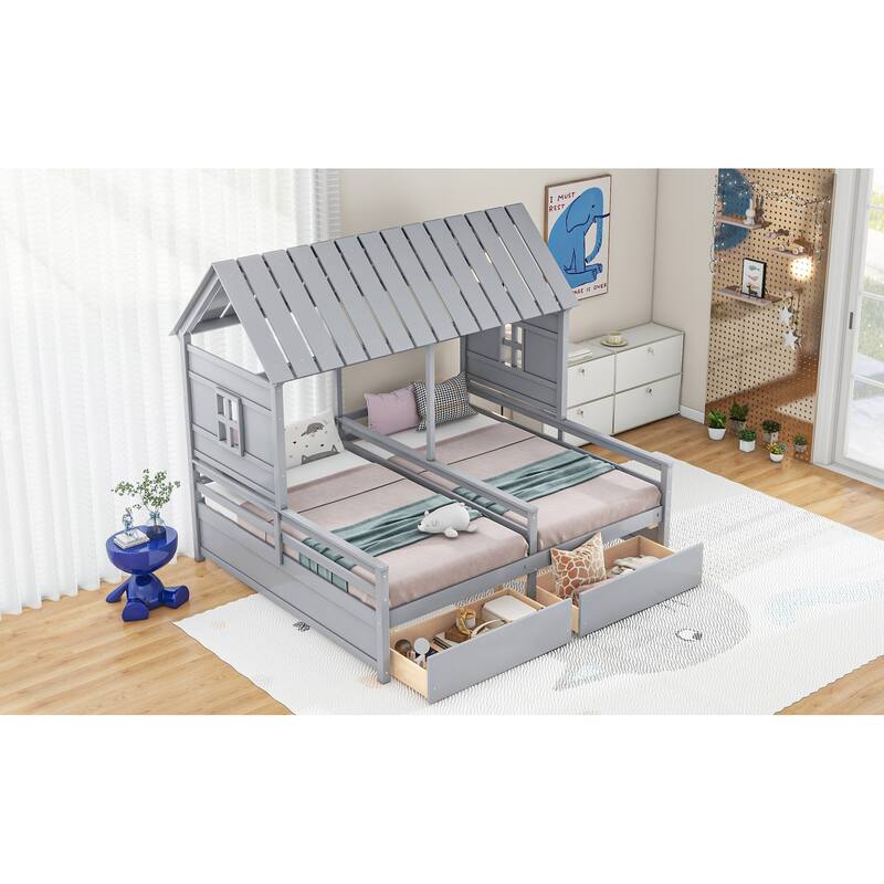 Gray Twin Size Solid Wood House Platform Bed with Two Drawers