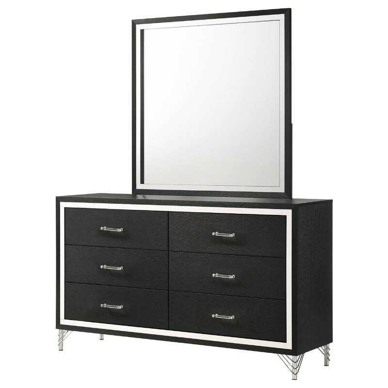 Jenny Wide Dresser with Mirror, Retro Modern Chrome Legs, Black