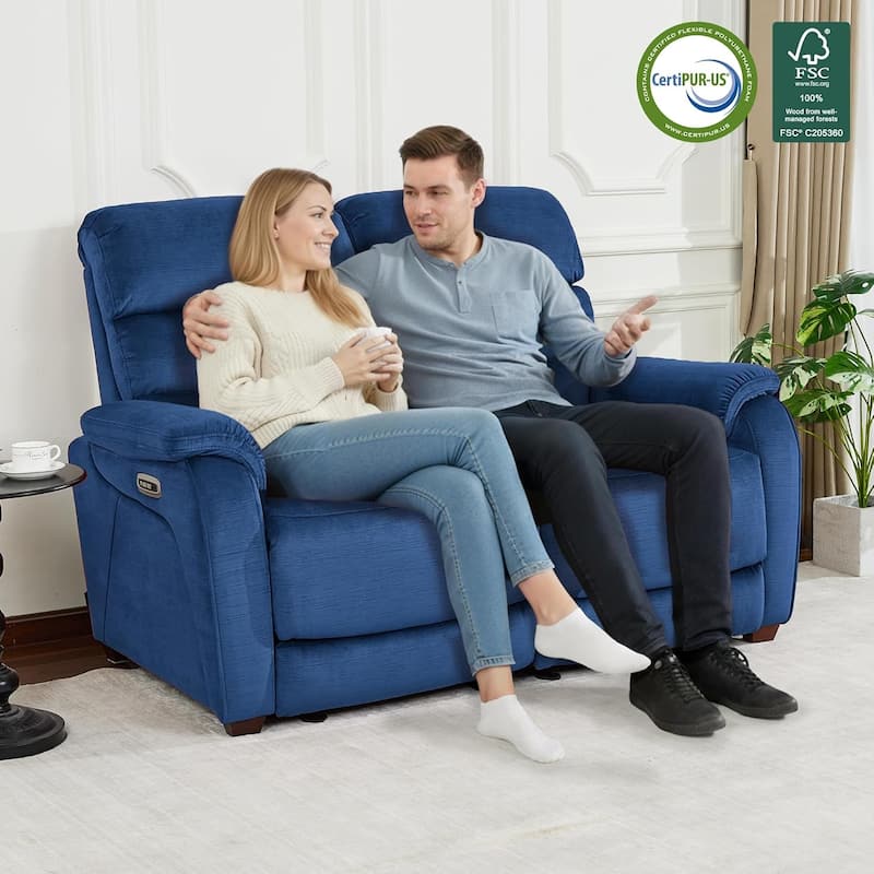 MCombo 61.6'' Wall Hugger Power Loveseat Recliner Sofa with Adjustable Headrest and USB A & C Charge Ports - Blue - Loveseat