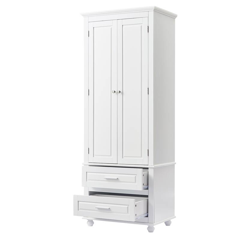 Roomfitters 64" Tall Bathroom Storage Cabinet, Modern MDF Linen Tower with 2 Large Drawers & Adjustable Shelves, White