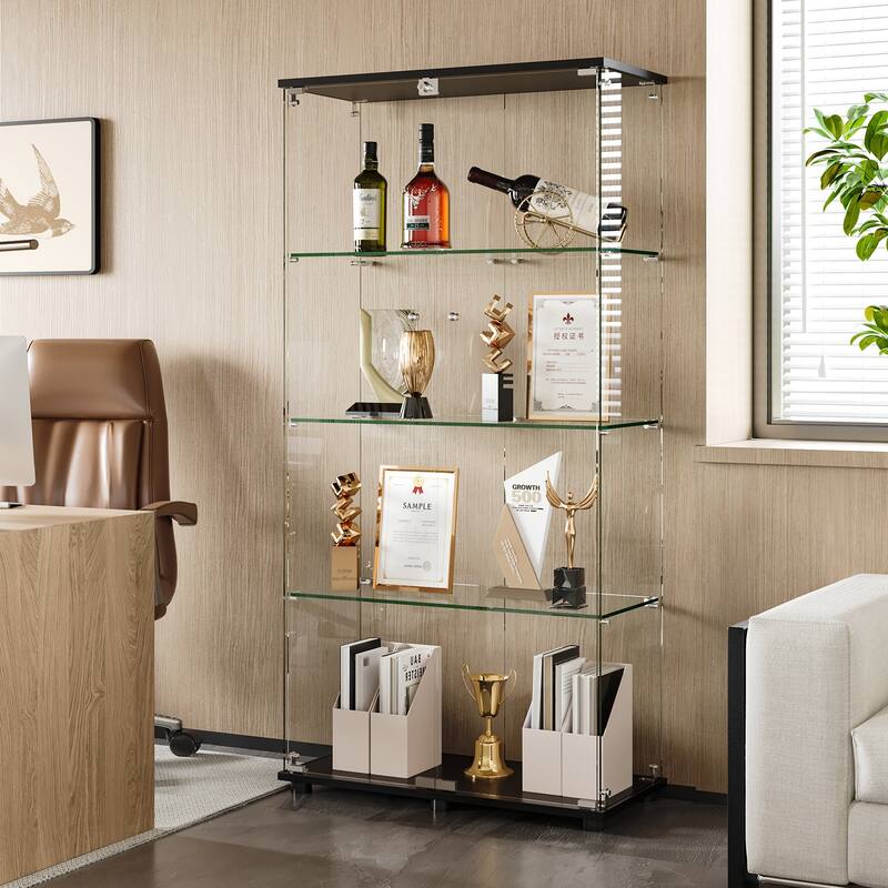 Glass Display Cabinet with 4-Shelf Double Doors and Lock, Curio Cabinet 5mm Tempered Glass Floor Standing Bookshelf