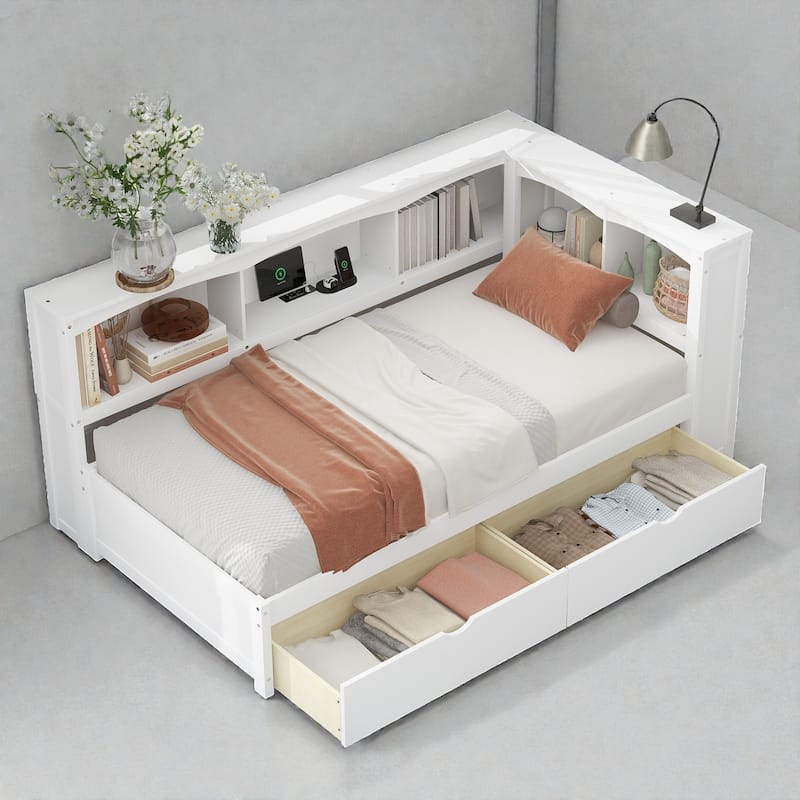 Twin Size Daybed with Storage Drawers, Side Cabinets and USB Ports, Wood Daybed Frame with Charging Station