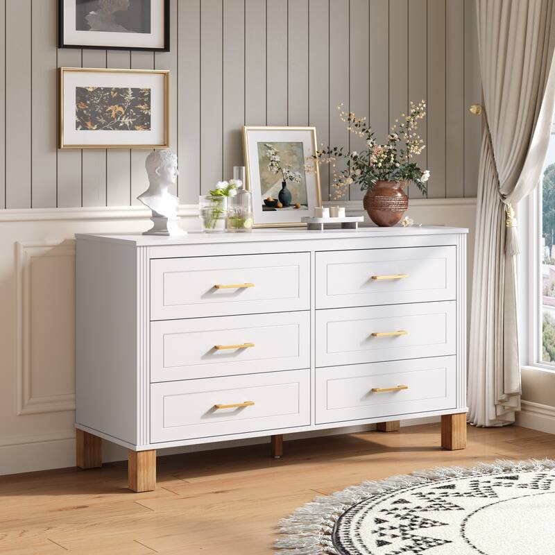 Roomfitters 6-Drawer Double Dresser, Modern Bedroom Storage Cabinet with Solid Wood Legs & Metal Handles