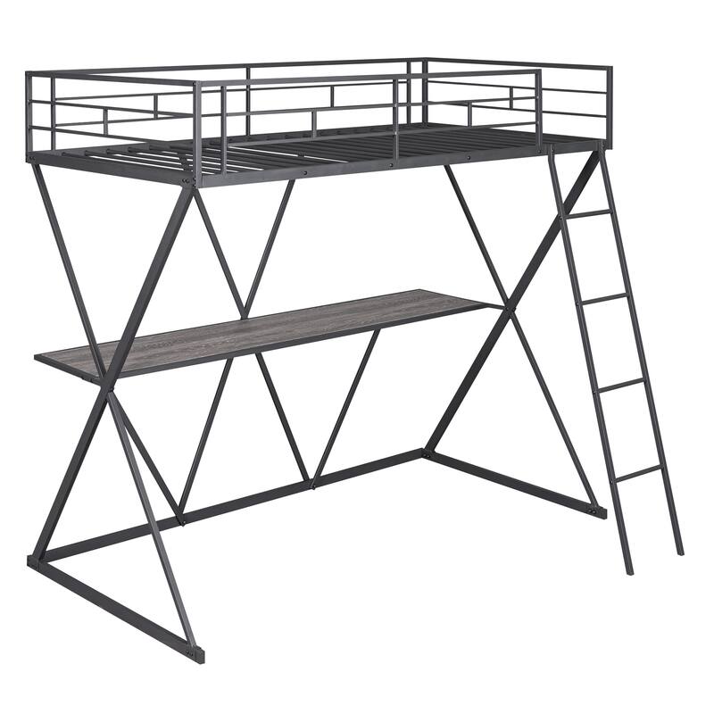 Twin Size Loft Bed with Wood Desk & Ladder, XShaped Metal Bedframe w