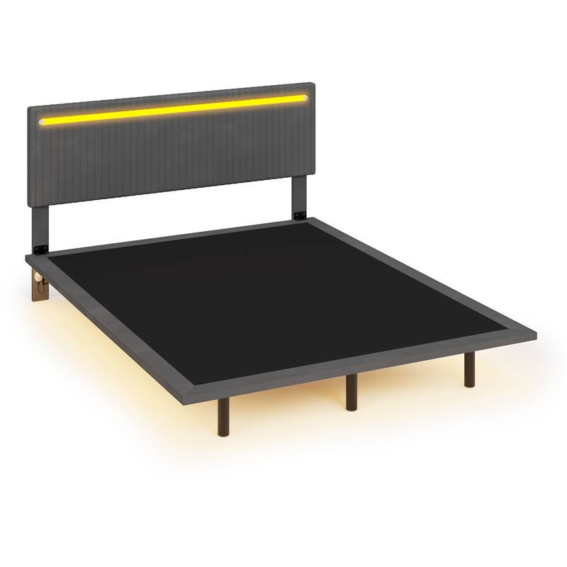 Modern Upholstered Floating Bed Frame with LED Lights, Vertical Channel Design Velvet Fabric Bed, Queen Size, Beige