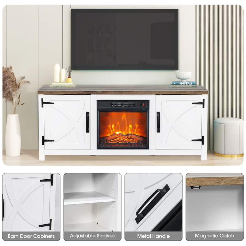 58-Inch Farmhouse Electric Fireplace TV Stand with Storage Cabinets and Adjustable Shelves