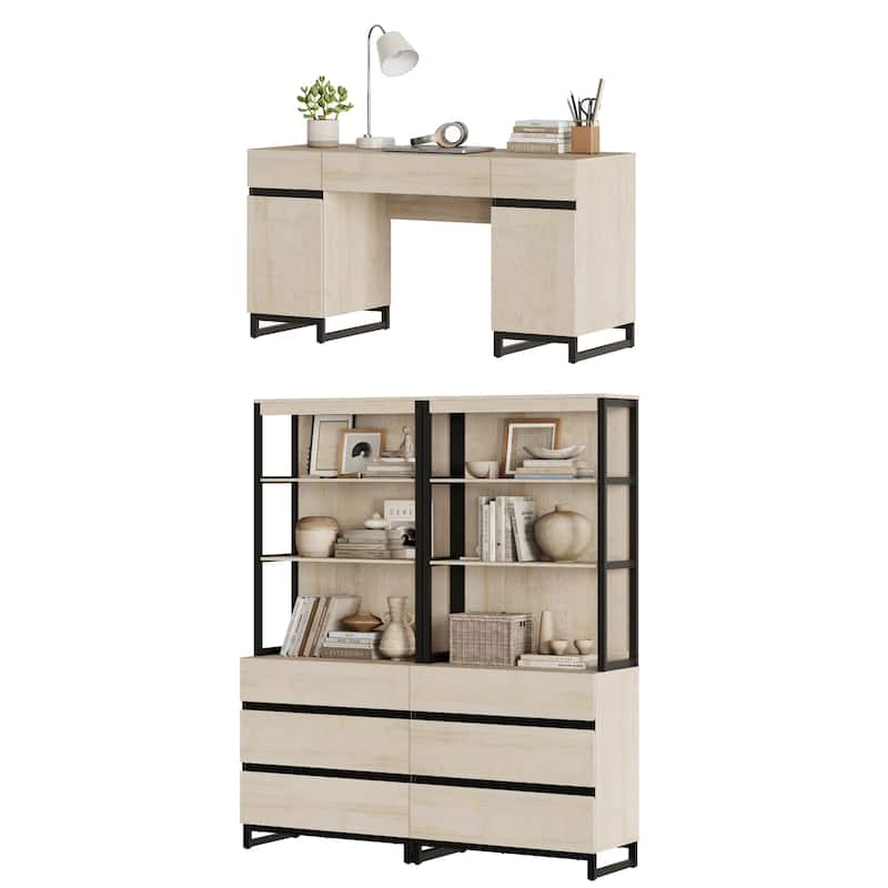 WAMPAT 59" Executive Desk with Charging Station & Storage Cabinet + 72" Tall Bookcase with 6 Drawers.