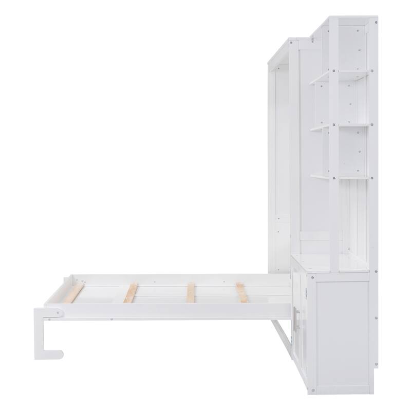 Full Size Multifunctional Murphy Bed with Multiple Storage Shelves, Foldable Platform Bed with A Cabinet