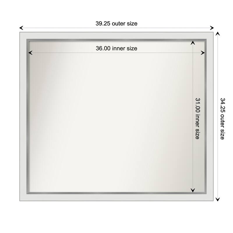 Eva White Silver Narrow Framed Non-Beveled Custom Wall Mirror, Bathroom Vanity Mirror - Outer Size: 39.25 x 34.25