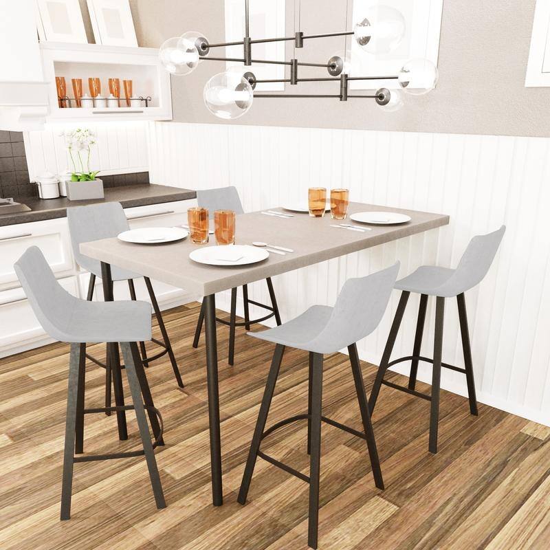 Elland Modern Upholstered Leather Bar Stool with Stainless Steel Legs, Curve Padded Seat, Built-in Footrest, and Plastic Glides - Light Grey
