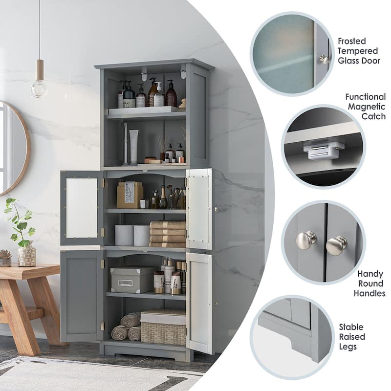 Gymax Bathroom Tall Storage Cabinet Linen Tower w/ Glass Door &