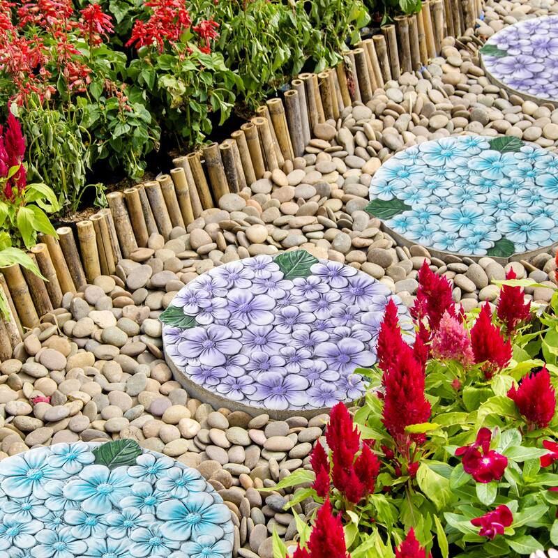 Glitzhome 6-Piece Cement Blue and Purple Hydrangea Textured Stepping Stones - 10 in