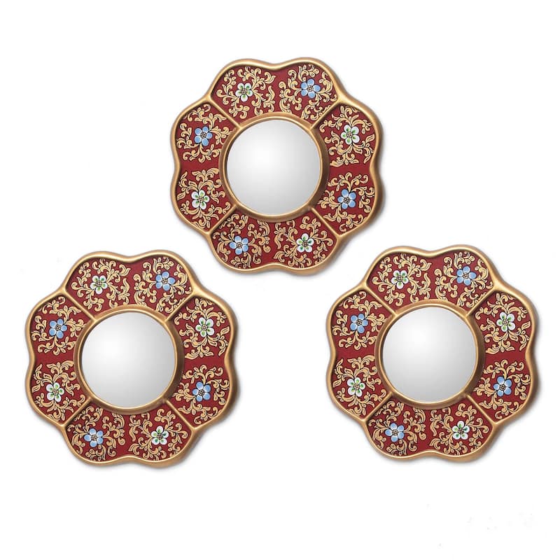 NOVICA Handmade Spring Reverse Painted Glass Accent Mirrors (Set Of 3) - Metallic Gold