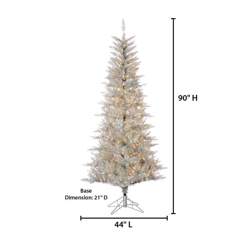 Elegant 7.5 Foot Silver Tuscany Tinsel Tree with Warm White LED Lights