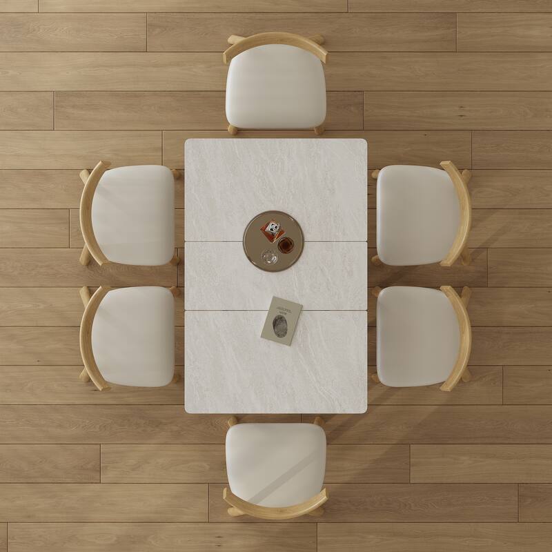 Roomfitters Retractable Rock Slab Dining Table Set, Modern Expandable Square Table with 6 Chairs, White - White+Natural - 6 Chair