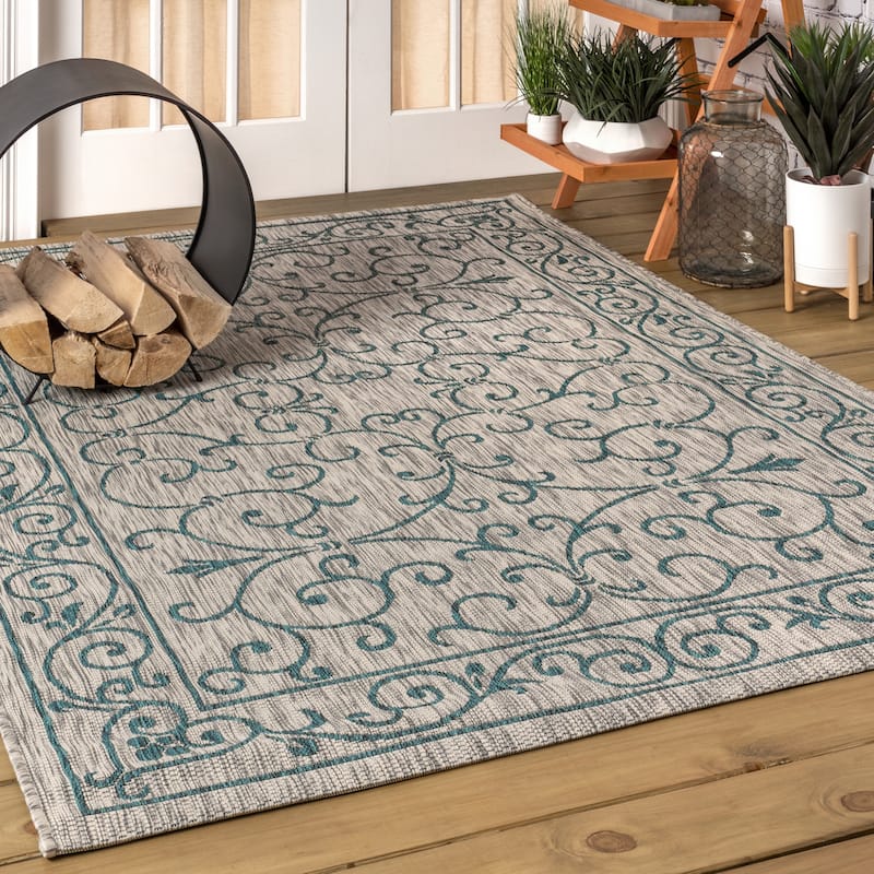 JONATHAN Y Filigree Textured Weave Indoor/Outdoor Area Rug - 10' x 14' - Gray/Teal