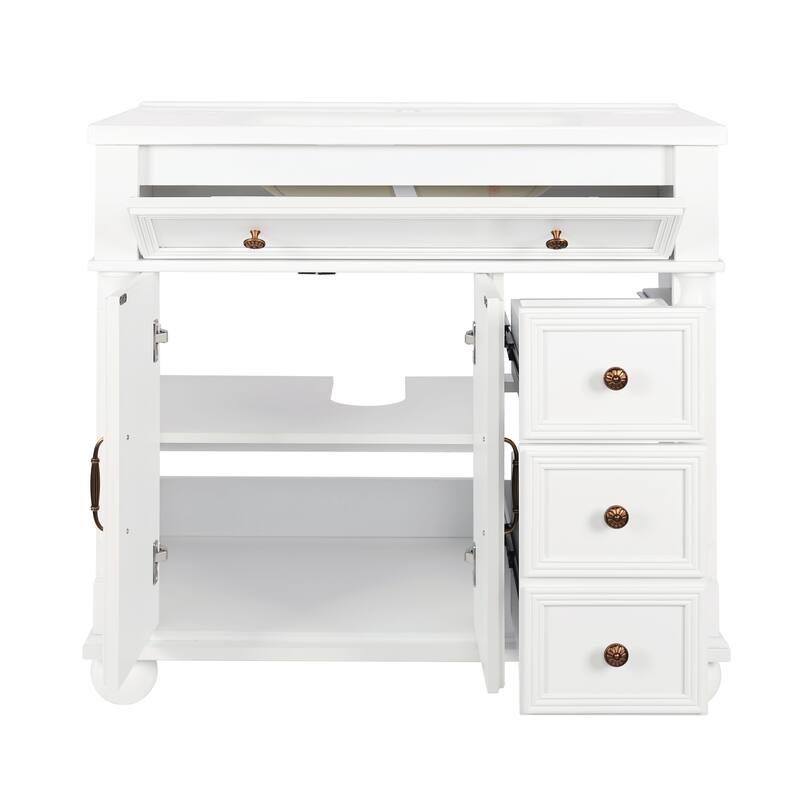 28"/36" Bathroom Vanity with Sink, Integrated Ceramic Basin Vanity Cabinet with Roman Column Base, Solid Wood Frame