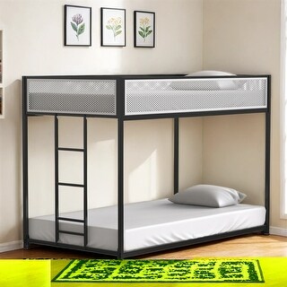 Twin Twin Bunk Bed Metal with Mesh Guard Rail and Stable Ladder