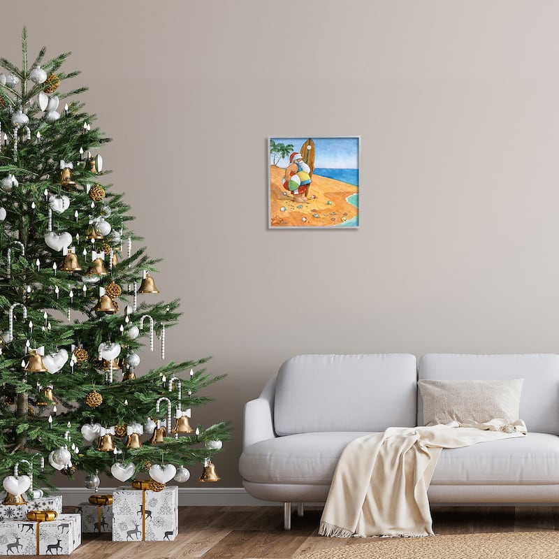 Stupell Santa Claus On Beach Surf Board Tropical Christmas Framed Wall Art - Blue