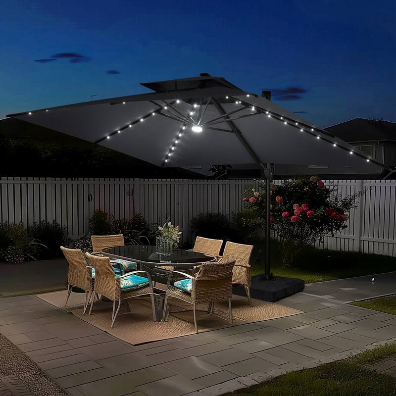 10 FT x 13 FT Outdoor Luxury Solar LED Patio Cantilever Umbrella With Base