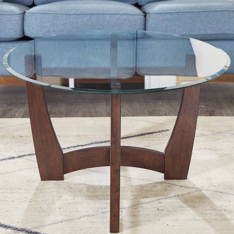 23.5 Inch Round Glass Coffee Table, Cherry Round Coffee Table Center Table With Glass Top, Small Coffee Table