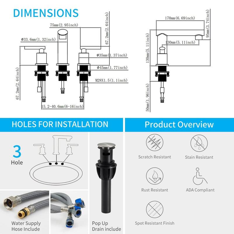 Modern 2 Handle Waterfall Bathroom Sink Faucet with Pop Up Drain Assembly and Lead Free Supply Hose, Rust Resistant