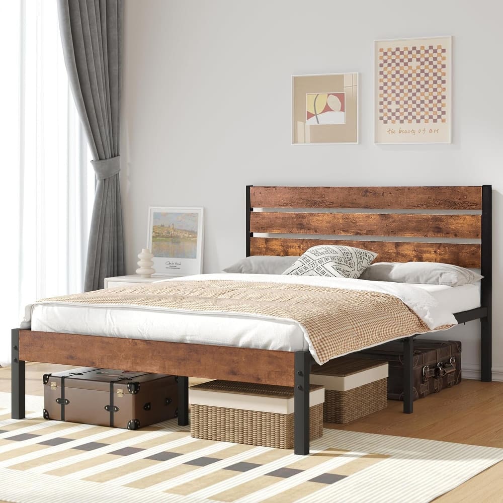 Javlergo Platform Bed Frame with Wood Headboard, Strong Metal Slats Support No Box Spring Needed