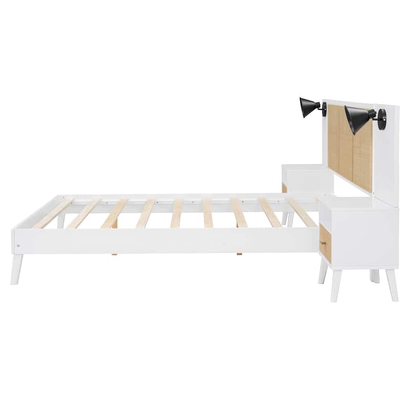 Queen Size Platform Bed with 2 Nightstands and 2 Lamps, Wooden Bed Frame with Elegant Rattan Headboard and Wood Combination