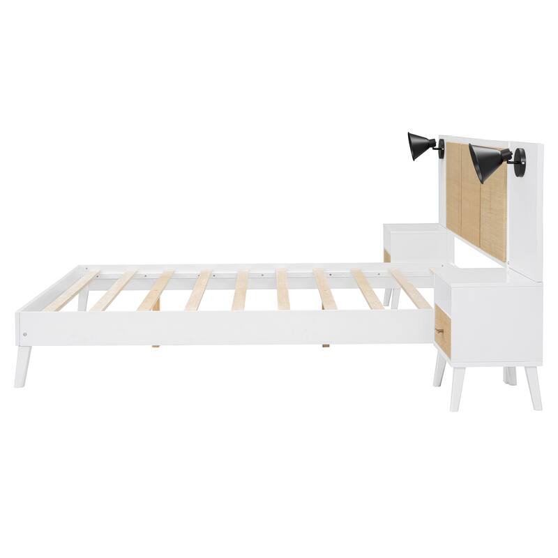 Queen Size Solid Wood Bed Frame with 2 Nightstands, Modern Platform Bed with Headboard, Lamps, Rattan Wood Combination Set