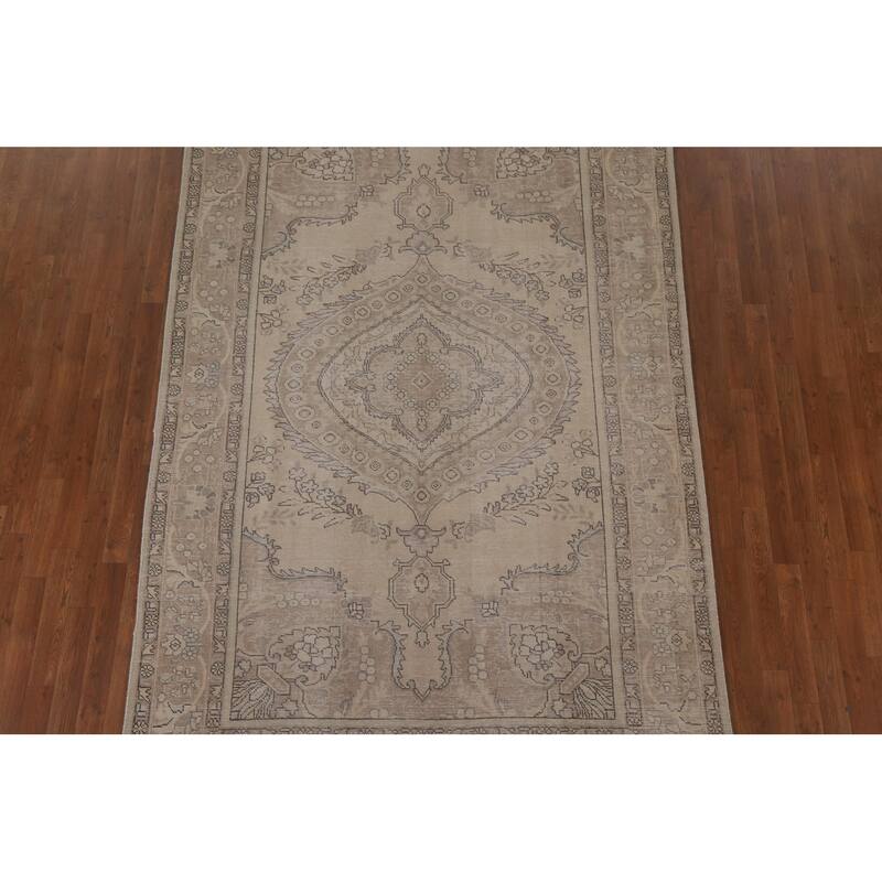 Beige Distressed Tabriz Persian Vintage Area Rug Handmade Wool Carpet - 6'3" x 9'8"