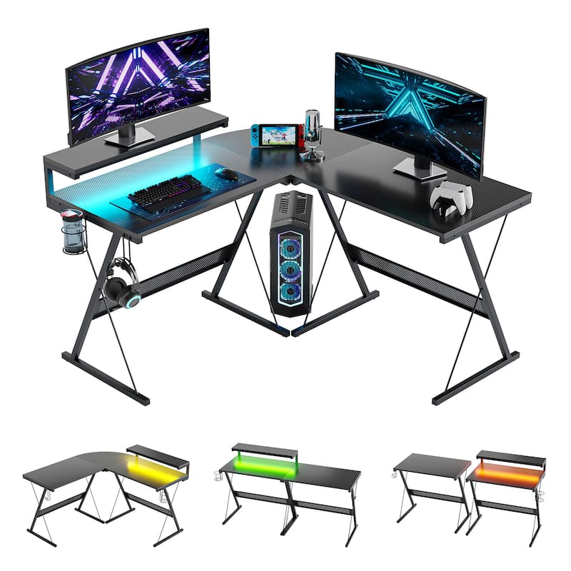 L-Shaped LED Gaming Desk Corner Computer Desk with Monitor Stand