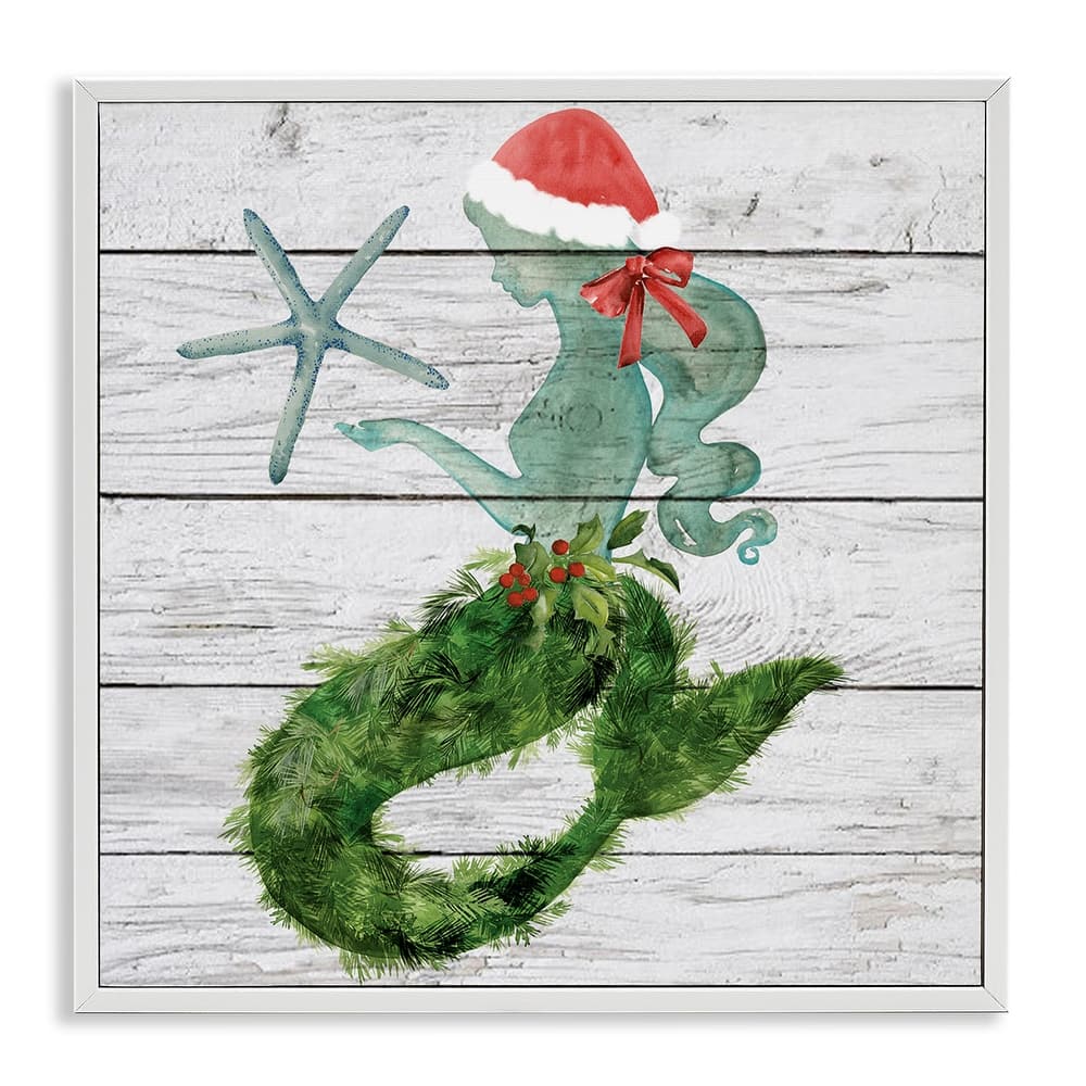 Stupell Christmas Mermaid Winter Holly Floral Pine Framed Wall Art, 12 x 12