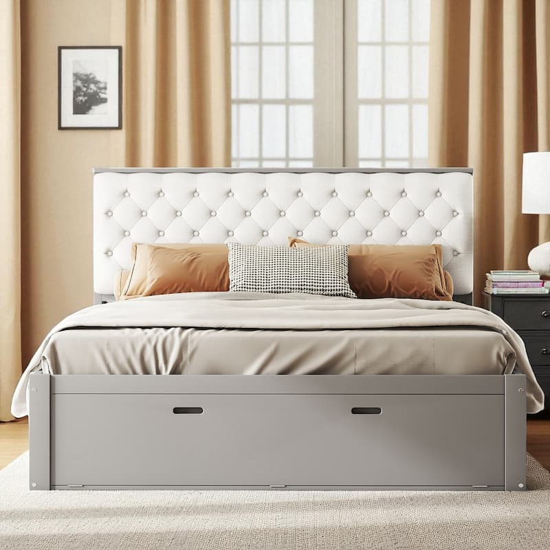 Queen Size Wooden Platform Bed with Upholstered Headboard, 4 Drawers, Storage Shelves & Shoe Rack