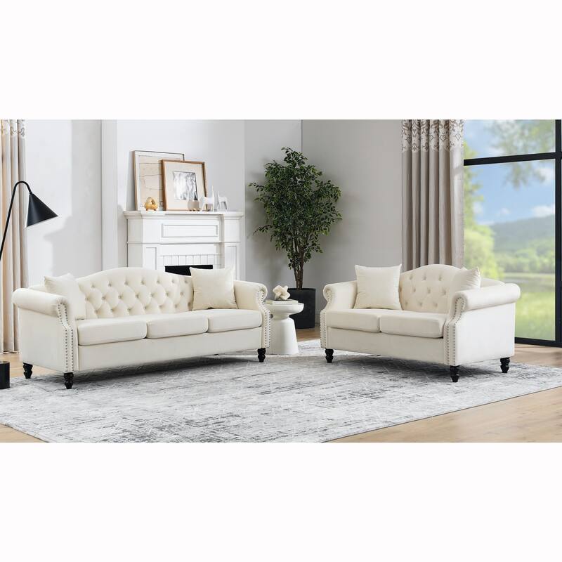 2-Piece Chesterfield Velvet Sofa Set (3+2) with Tufted Back & Nailhead Trim - Beige