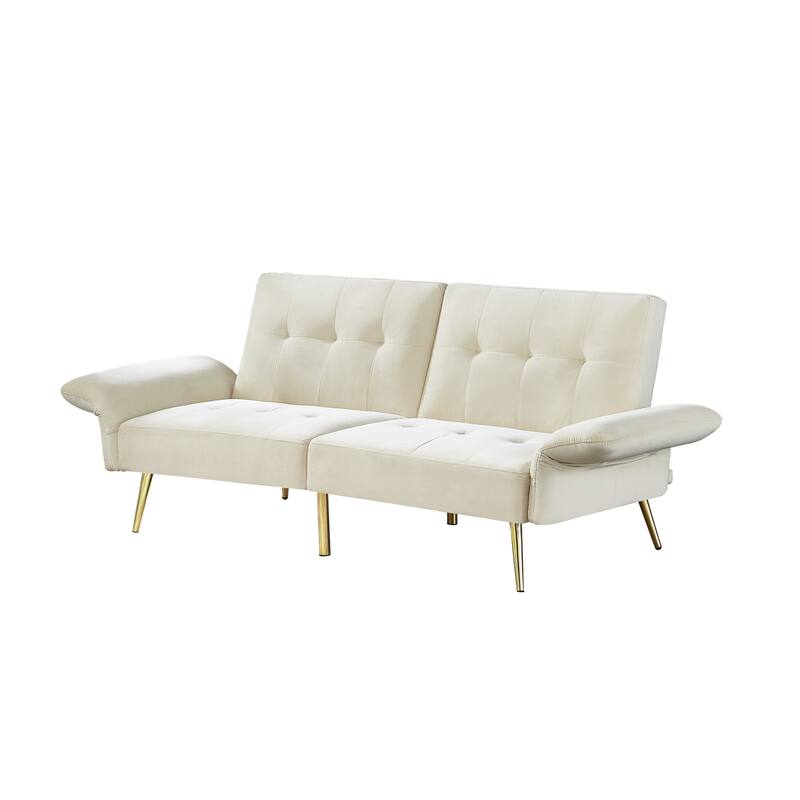 Velvet Futon Sofa Bed with Folded Armrests