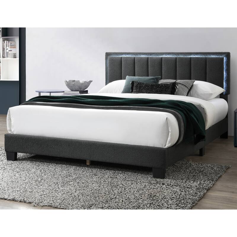 1pc Queen Size Bed Charcoal Wool Fabric Channel Tufting w LED Full Upholstered Bedframe Bedroom Bed