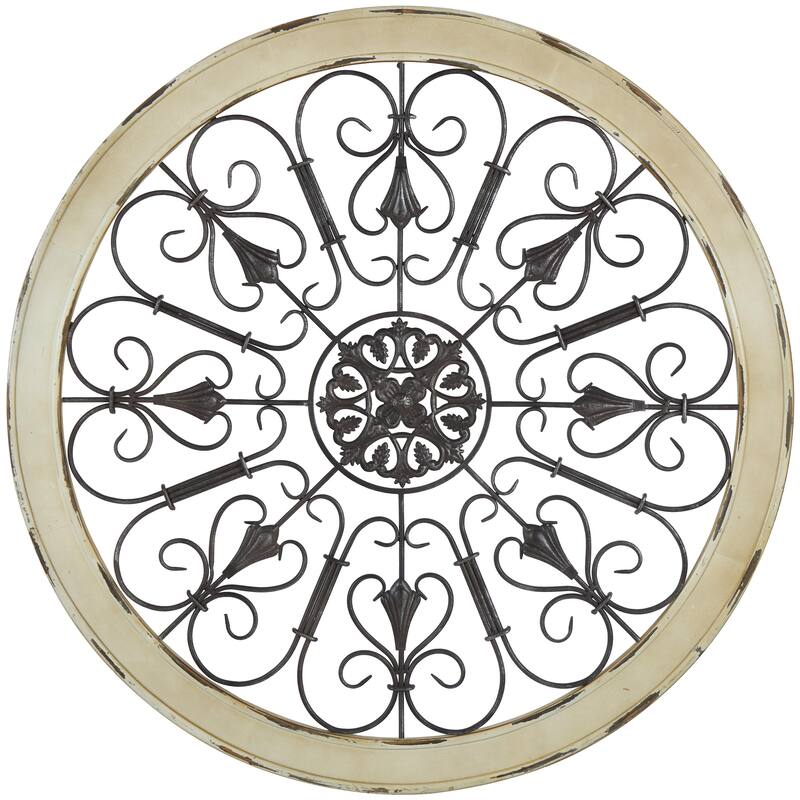 Wood Scroll Window Inspired Home Wall Decor with Metal Scrollwork Relief - White - Roche River Decor - White