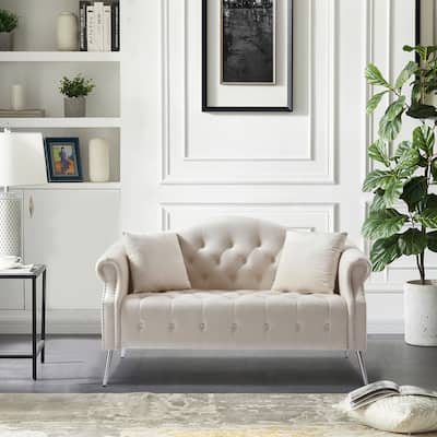 Velvet Loveseat Sofa with Nailhead Rolled Arms, 2 Seater Button Tufted Couch with Metal Legs and 2 Pillows for Living Room