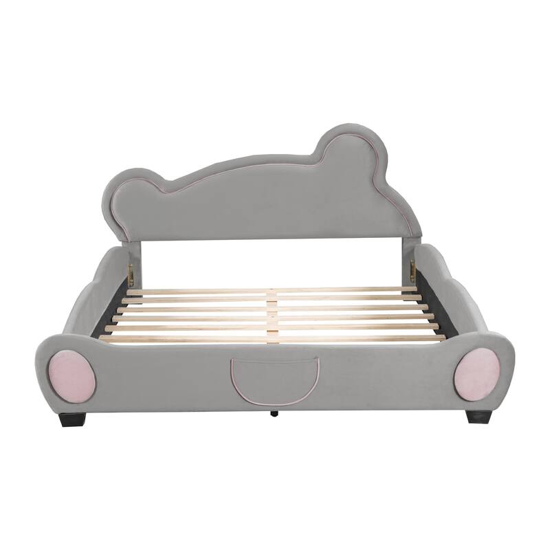 Charming Bear Headboard Velvet Platform Bed with Bed-End Storage Pockets for Kids Bedroom
