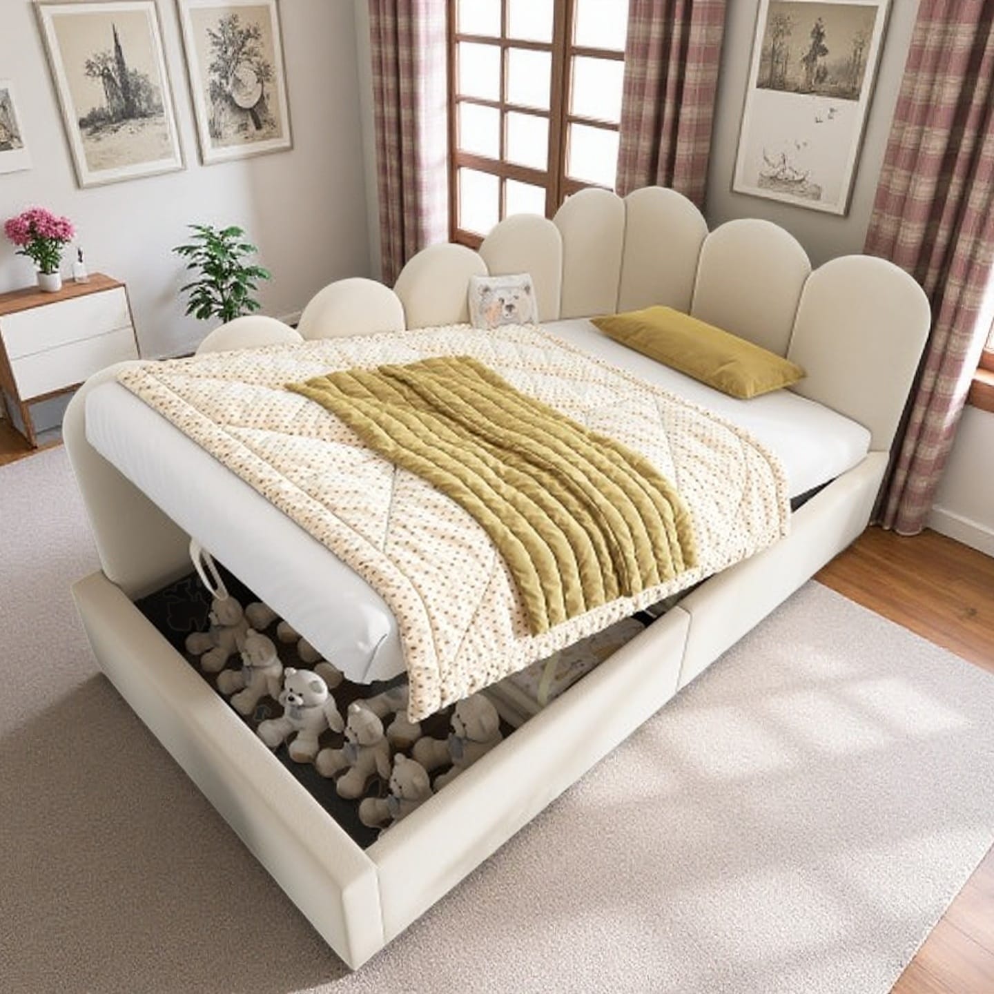 Twin Size Velvet Upholstered Daybed with Hydraulic Storage, Metal Slatted Frame, Space-Saving Ottoman Sofa Bed