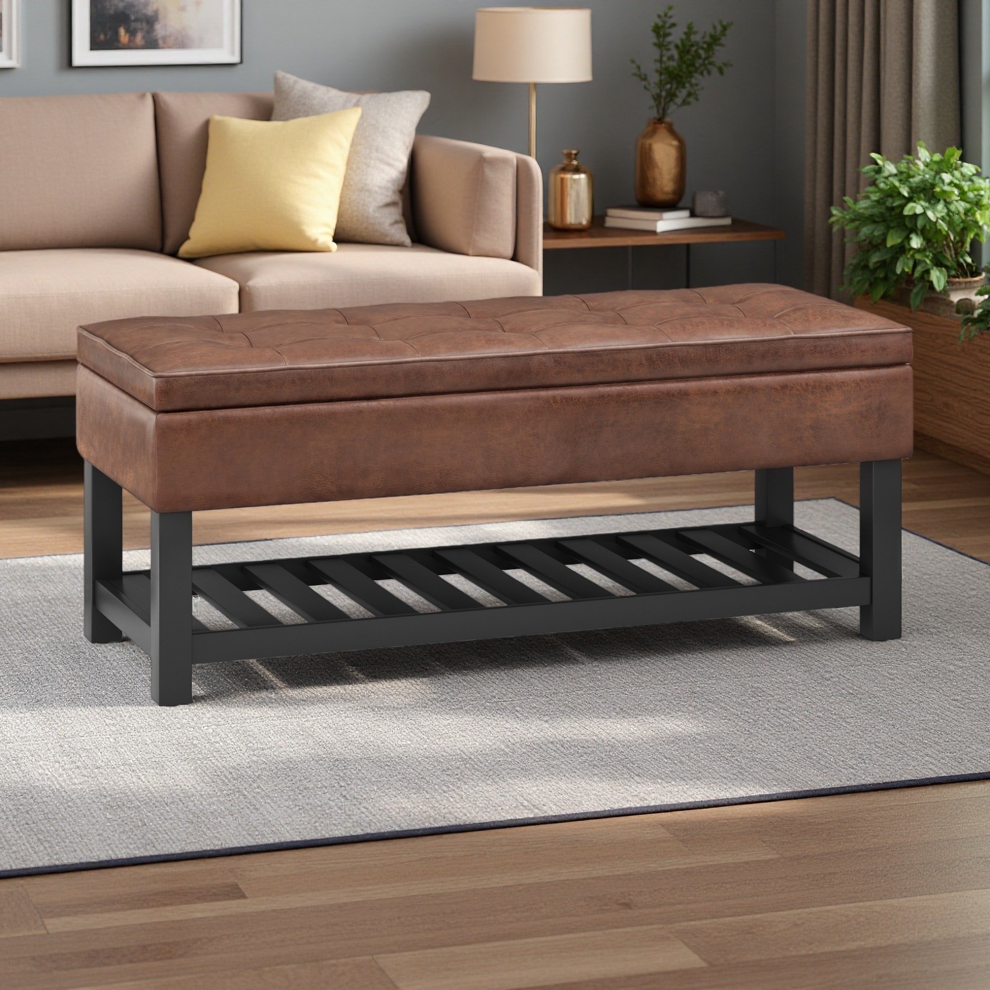 43.7" Storage Ottoman Faux Leather Bench, Lift-Up Lid with Safety Hinge, Open Slat Bottom Shelf, Multi-Functional Entryway Bench