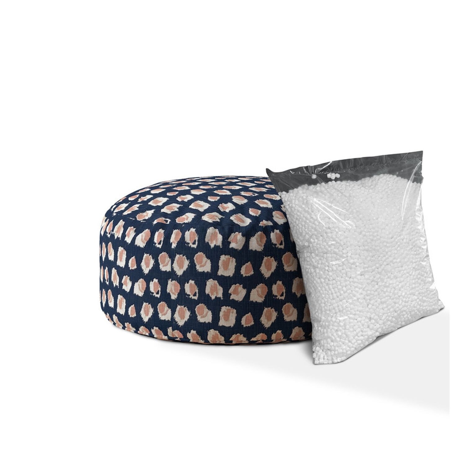 Indoor PLABO Denim/Blush Round Zipper Pouf - Stuffed - Extra Beads  Included! - 24in dia x 20in tall - On Sale - Bed Bath & Beyond - 37251323