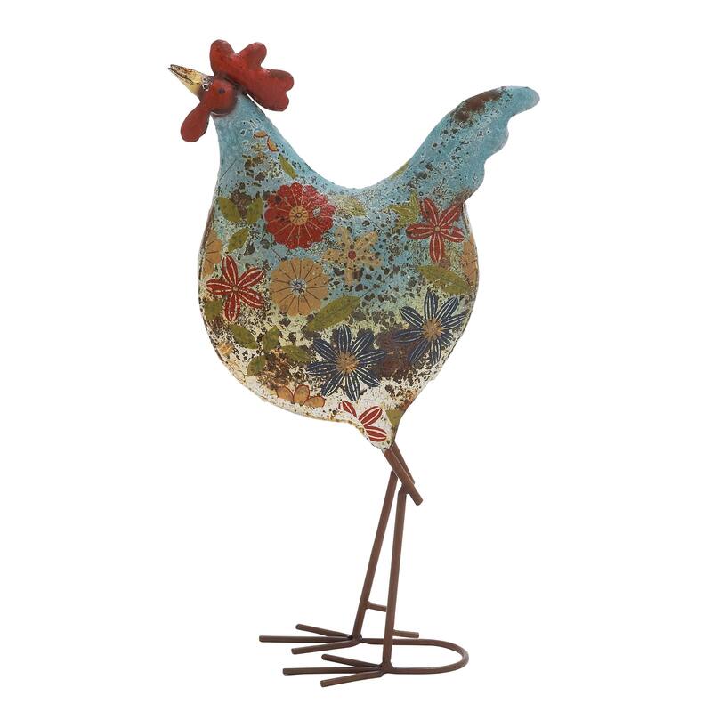 Green or Cream Metal Indoor Outdoor Distressed Standing Rooster Garden Sculpture with U Shaped Feet