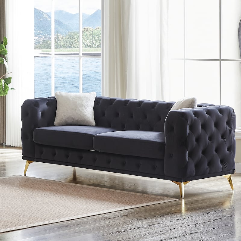 Tufted Design Straight Row Couch Velvet Chesterfield Deep Seat Sofa, Upholstered Couch with Solid Wood Frame and Gold Metal Legs