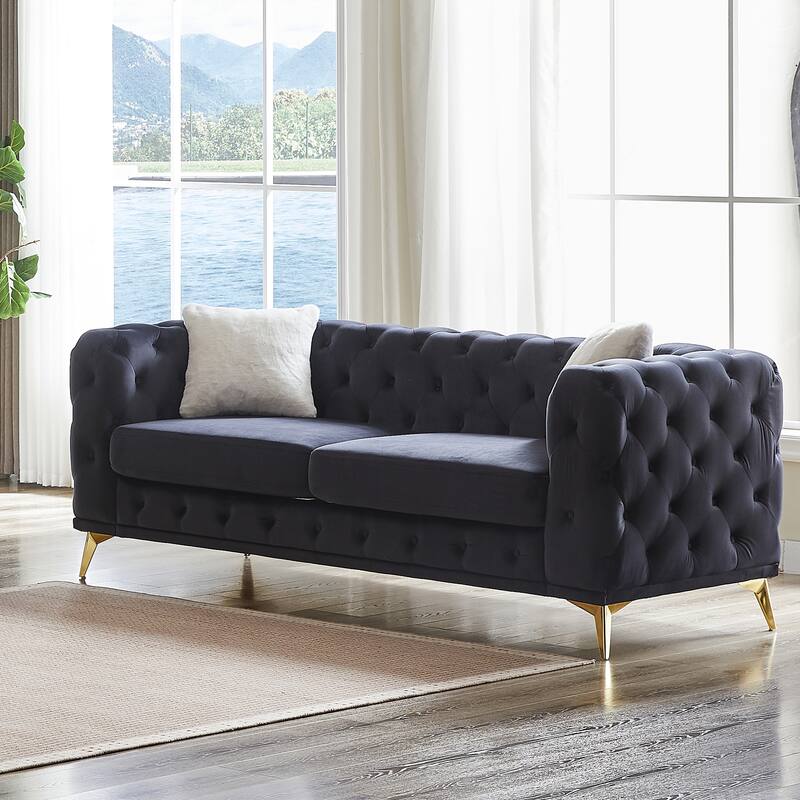 Velvet Upholstered 3 Seater Sofa, Chesterfield Tufted Button Sofa, Lounge Sofa Chair with 2 Pillows & Metal Legs